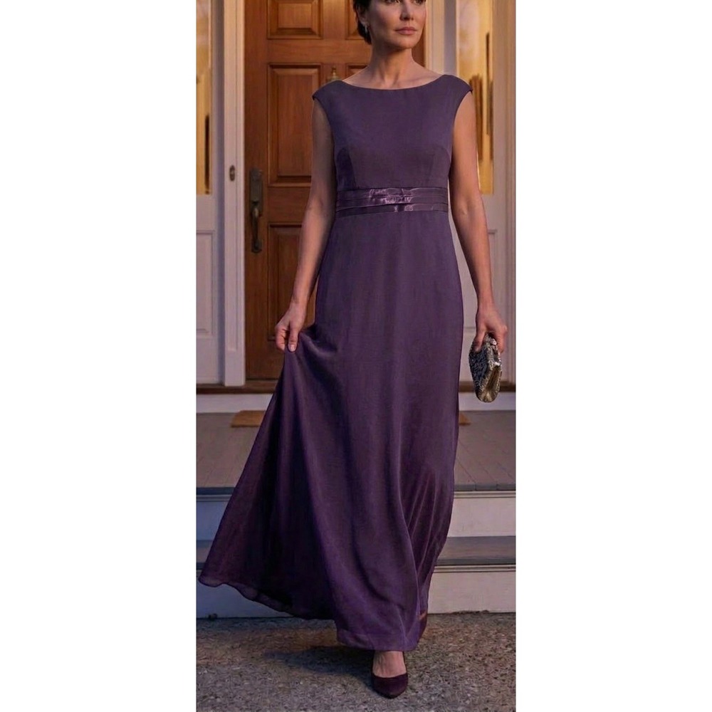 Alfred Angelo Boat Neck Maxi Dress Grape Purple Satin Waist Formal Gown Sz 9/10